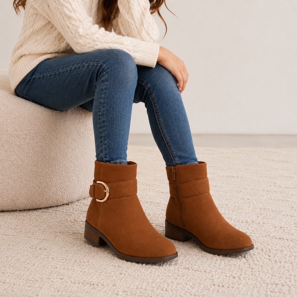 Steve Madden Kids Brown Cognac Faux Suede Buckle Ankle Boots Size‎ 4